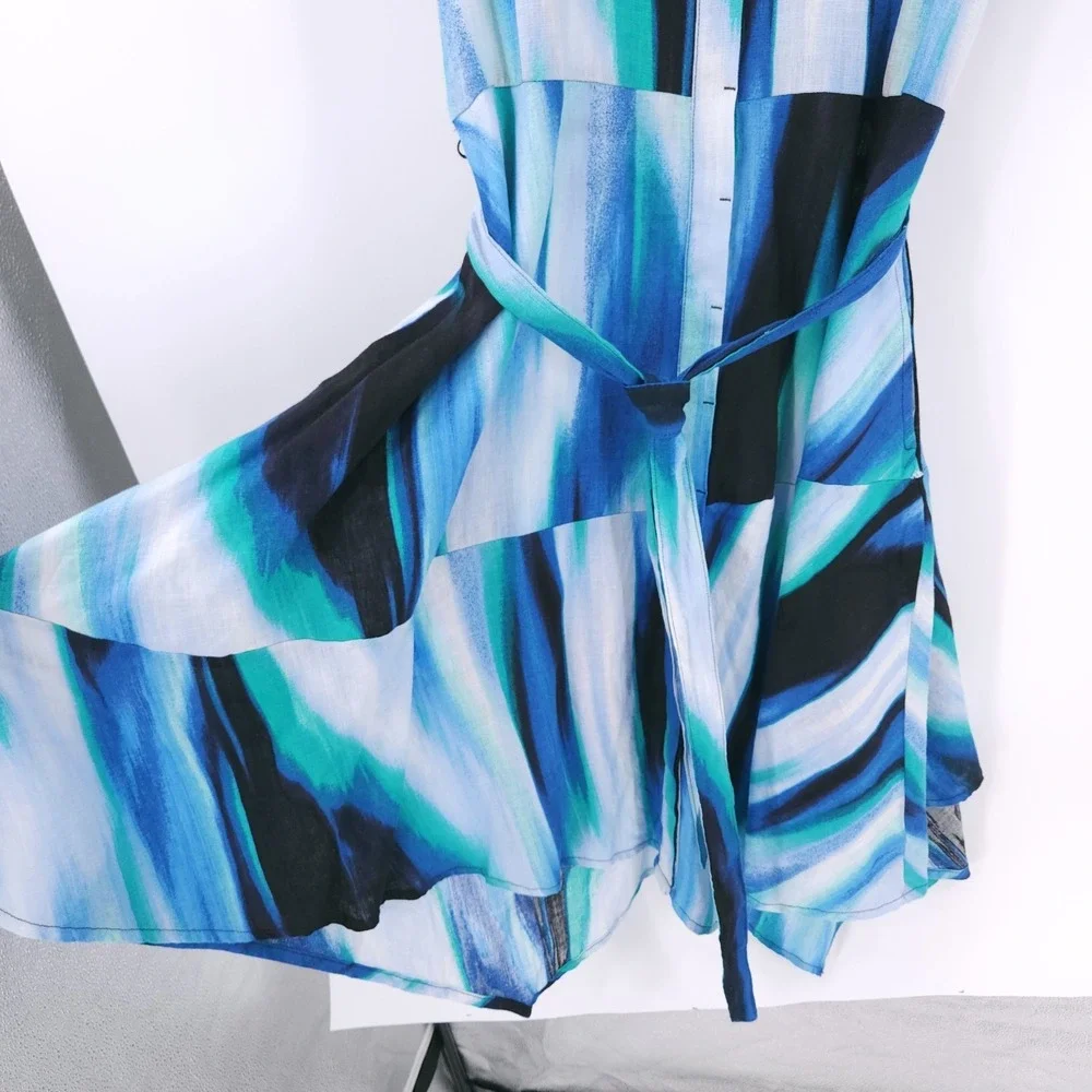 DKNY Brushstroke Caribbean Printed Asymmetrical Button Fit & Flare Dress Size 10